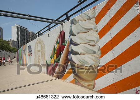 Stock Image - Mural on the wall at a pedestrian walkway, Chicago, Cook County, Illinois, USA. Fotosearch