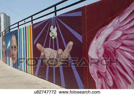 Stock Image - Mural on the wall at a pedestrian walkway, Chicago, Cook County, Illinois, USA. Fotosearch