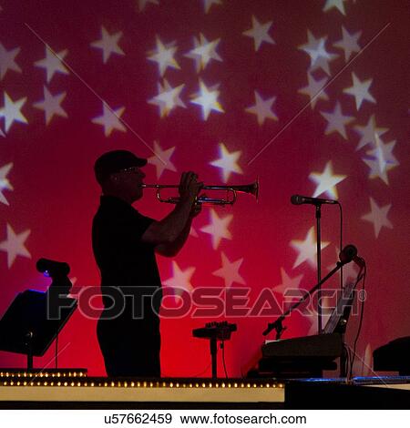 Stock Photo - Musician playing trumpet at Hughes American Family Theater, Branson, Taney County, Missouri, USA. Fotosearch