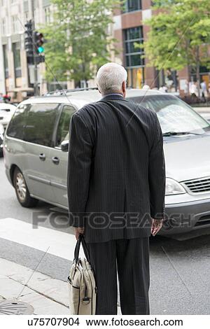 Picture - Rear view of a man standing at the roadside, Chicago, Cook County, Illinois, USA. Fotosearch