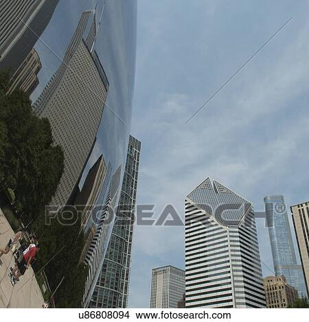 Picture - Reflection of buildings on Cloud Gate sculpture, Millennium Park, Chicago, Cook County, Illinois, USA. Fotosearch