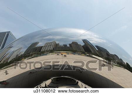 Reflection of buildings on Cloud Gate sculpture, Millennium Park, Chicago, Cook County, Illinois, USA View Large Photo Image Stock Image - Reflection of buildings on Cloud Gate sculpture, Millennium Park, Chicago, Cook County, Illinois, USA. Fotosearch