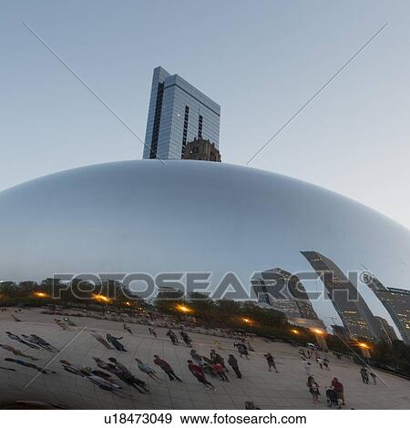 Reflection of buildings on Cloud Gate sculpture, Millennium Park, Chicago, Cook County, Illinois, USA View Large Photo Image Stock Photo - Reflection of buildings on Cloud Gate sculpture, Millennium Park, Chicago, Cook County, Illinois, USA. Fotosearch