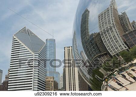 Reflection of buildings on Cloud Gate sculpture, Millennium Park, Chicago, Cook County, Illinois, USA View Large Photo Image Stock Photograph - Reflection of buildings on Cloud Gate sculpture, Millennium Park, Chicago, Cook County, Illinois, USA. Fotosearch