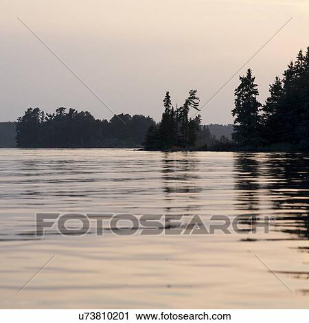 Stock Image - Reflection of trees along shoreling, Lake of The Woods, Ontario, Canada. Fotosearch