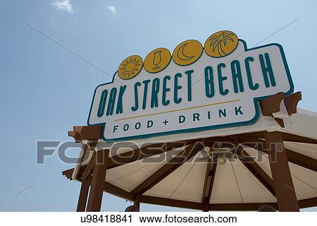 Stock Image - Restaurant sign, Oak Street Beach, Chicago, Cook County, Illinois, USA. Fotosearch