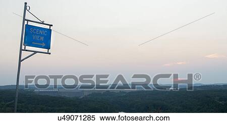 Stock Photography - Scenic view sign in valley at sunset, Hollister, Taney County, Missouri, USA. Fotosearch