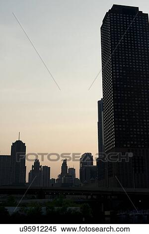 Stock Photography - Skyscraper at sunset, Lakefront Trail, Chicago, Cook County, Illinois, USA. Fotosearch