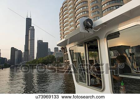 Stock Image - Skyscrapers at the waterfront, Sears Tower, Chicago River, Chicago, Cook County, Illinois, USA. Fotosearch