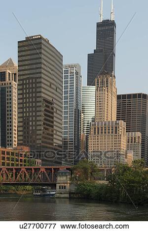 Stock Photo - Skyscrapers at the waterfront, Sears Tower, Chicago River, Chicago, Cook County, Illinois, USA. Fotosearch