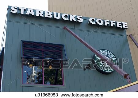 Stock Image - Starbucks Coffee Café exterior at Universal CityWalk, Universal Studios, Orlando, Florida, USA. Fotosearch