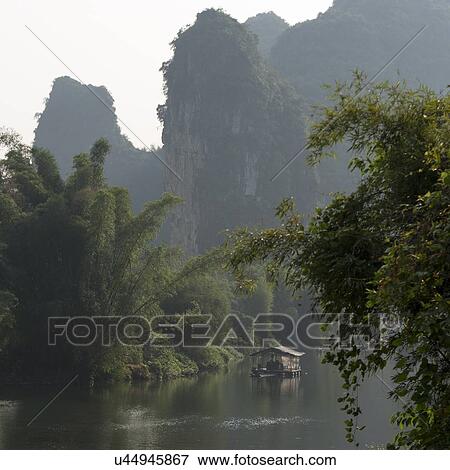 Stock Photo - Wooden raft in the Yulong River, Yangshuo, Guilin, Guangxi Province, China. Fotosearch