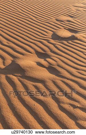 Stock Image - Close up of sand being blown into ripple pattern by winds, late afternoon sunlight, Namib desert, Namibia, South West Africa. Fotosearch