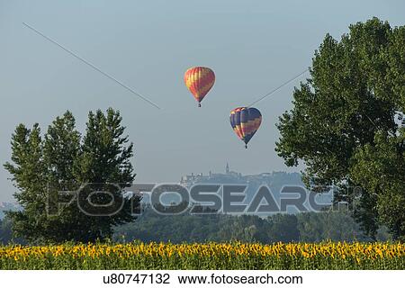 Palloni Ad Aria Calda.Todi Mongolfiere Aerostato Aria Calda Festival Palloni Aria Caldi In Cielo Sopra Frescamente Falciare Fieno E Girasole Campi Di Mezzo Tiber Valle Con Cima Colle Citta Di Todi In Distanza In Inizio