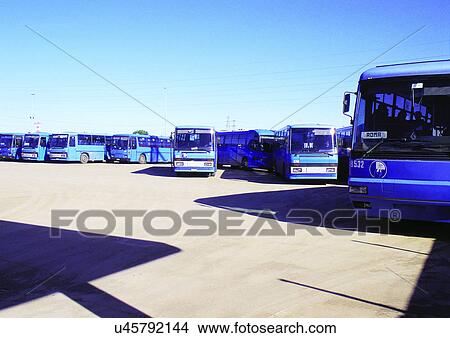 Picture - Blue, Bus, Bus Station, Clear Sky, Day, In A Row. Fotosearch