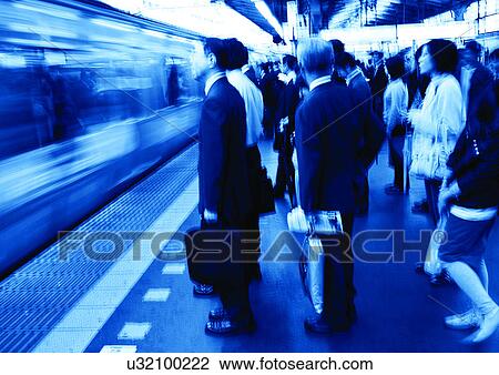 Stock Image - Formal Clothing, Commuter, Day, Part Of, Railroad Car, Railway Platform. Fotosearch