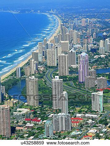 Stock Photo - aerial view, outdoors, buildings, coastline, city, Australia. Fotosearch