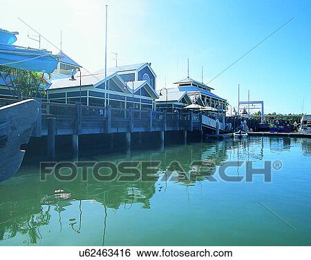 Stock Photograph - building, outdoors, boats, pier, water, Australia. Fotosearch