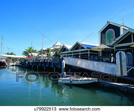 Stock Image - buildings, outdoors, boats, harbor, pier, Australia. Fotosearch