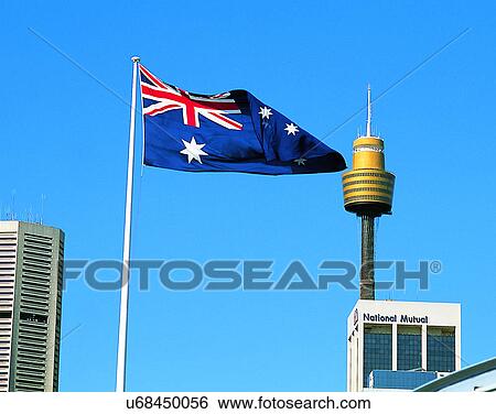 Stock Photograph - buildings, outdoors, flag, sky, city, Australia. Fotosearch