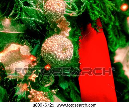 Stock Photography - Christmas, indoors, lights, fruit, tree. Fotosearch