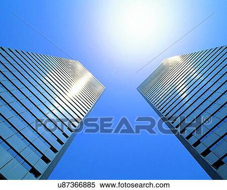 City view, modern look, outdoors, low angel view, sunshine, sky View Large Photo Image Stock Photography - City view, modern look, outdoors, low angel view, sunshine, sky. Fotosearch
