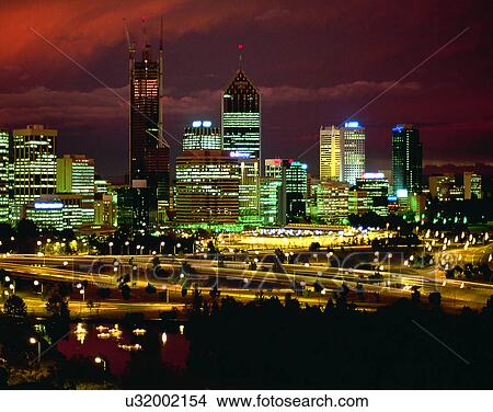 Picture - City view, outdoors, night time, lights, sky, city. Fotosearch