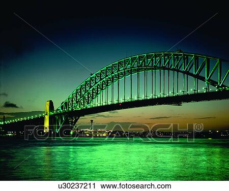 Stock Image - City view, outdoors, night time, lights, sky, water front. Fotosearch