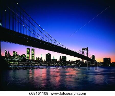 Stock Photo - City view, outdoors, night time, lights, sky, water front. Fotosearch
