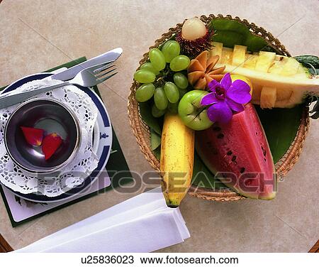 Stock Image - close-up, tabletop, fruit, basket, tea cup, saucer. Fotosearch
