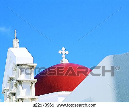 Stock Photography - cross, outdoors, roof, church, buildings, Aegean sea. Fotosearch
