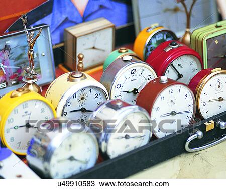 Stock Image - Europe, clocks, trophy, drawer, painting, shop. Fotosearch
