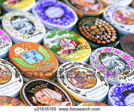 Stock Photography - Europe, containers, tins, candy, old pictures, advertising. Fotosearch