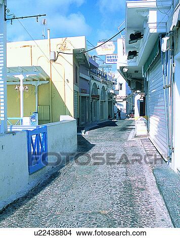 Picture - Europe, outdoors, streets, alley, storefronts, shadows. Fotosearch