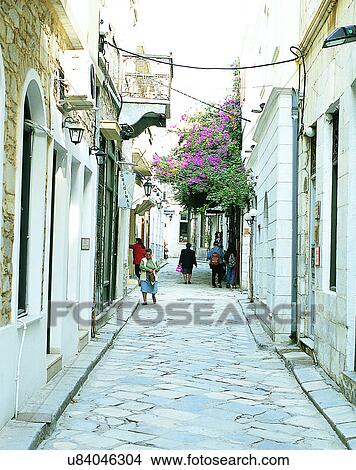 Picture - Europe, outdoors, streets, alley, people, flowers. Fotosearch
