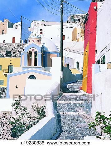 Stock Photograph - Europe, outdoors, streets, alley, buildings, church. Fotosearch