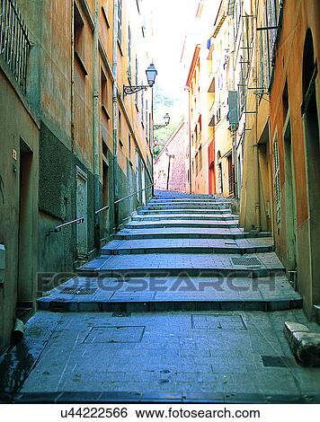 Stock Photograph - Europe, outdoors, streets, alley, uphill, steps. Fotosearch