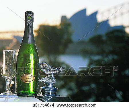 Picture - glass, outdoors, wine, bottle, close-up, Australia. Fotosearch