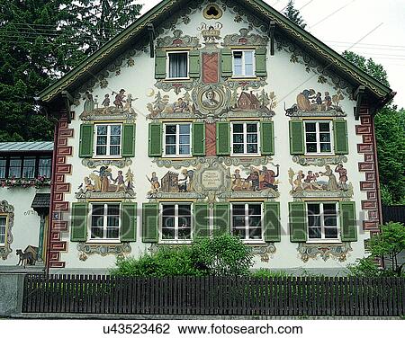 Stock Image - house, outdoors, daytime, architecture design, windows, fence. Fotosearch