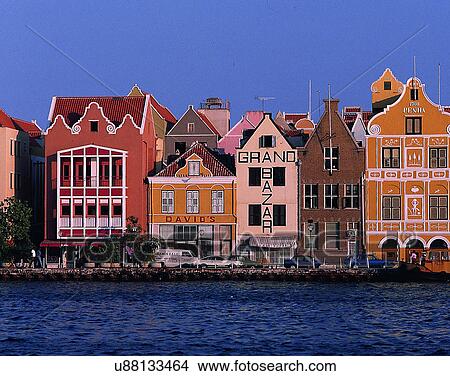 Picture - house, outdoors, river, road, transportation, shops. Fotosearch