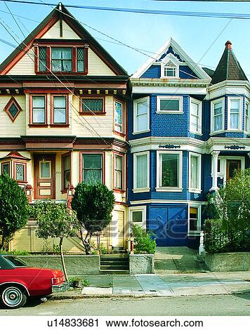 Stock Image - houses, outdoors, day time, cables, car, architecture. Fotosearch