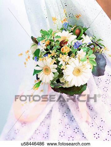 Stock Photograph - indoors, bouquet, flowers, close-up, curtains, daisy. Fotosearch