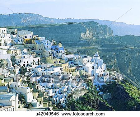 Stock Photograph - landscape, outdoors, buildings, village, mountainside, Aegean sea. Fotosearch