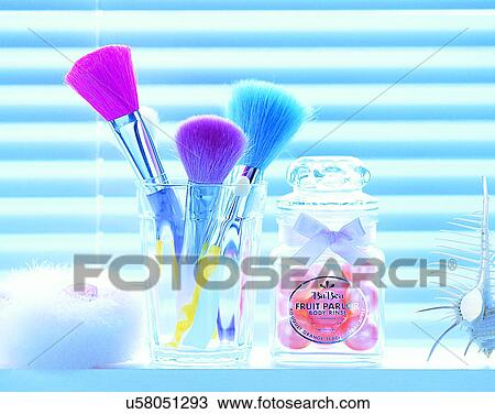 Stock Image - lifestyle, close up, brushes, glass, soap, wash cloth. Fotosearch