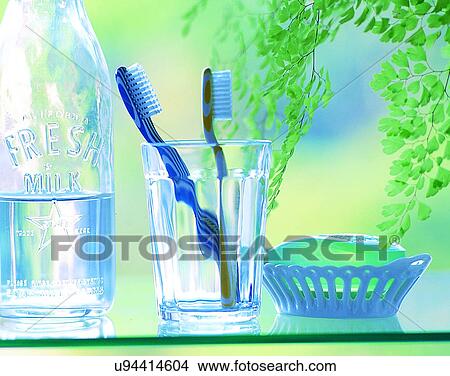Picture - lifestyle, close-up, indoor, toothbrushes, glass, healthcare. Fotosearch