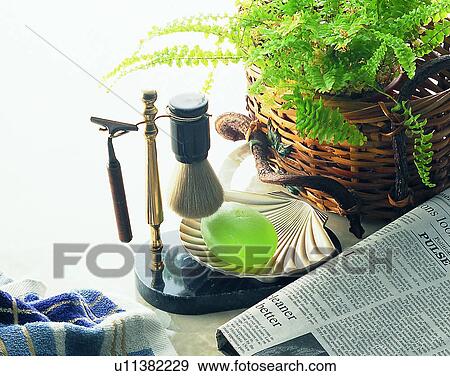 lifestyle, close-up, shaving brush, stand, razor, soap dish View Large Photo Image Stock Photo - lifestyle, close-up, shaving brush, stand, razor, soap dish. Fotosearch