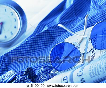 lifestyle, close-up, sunglasses, shirt, newspaper, clock View Large Photo Image Stock Photo - lifestyle, close-up, sunglasses, shirt, newspaper, clock. Fotosearch