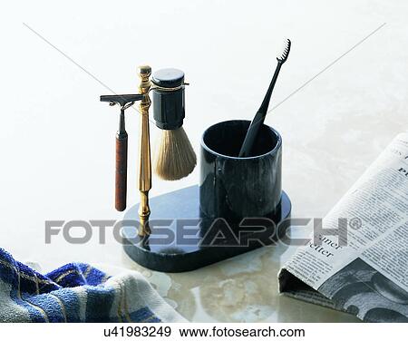 lifestyle, toiletries, shaving brush, razor, mug, cup View Large Photo Image Stock Photo - lifestyle, toiletries, shaving brush, razor, mug, cup. Fotosearch