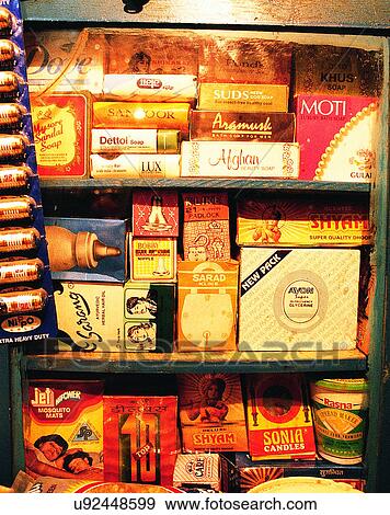 Stock Photo - Nepal, east, food, grocery, boxes, candy. Fotosearch