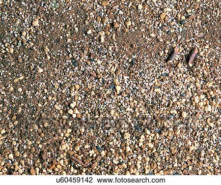 Stock Image - outdoors, sand, close-up, texture, grain, stones. Fotosearch